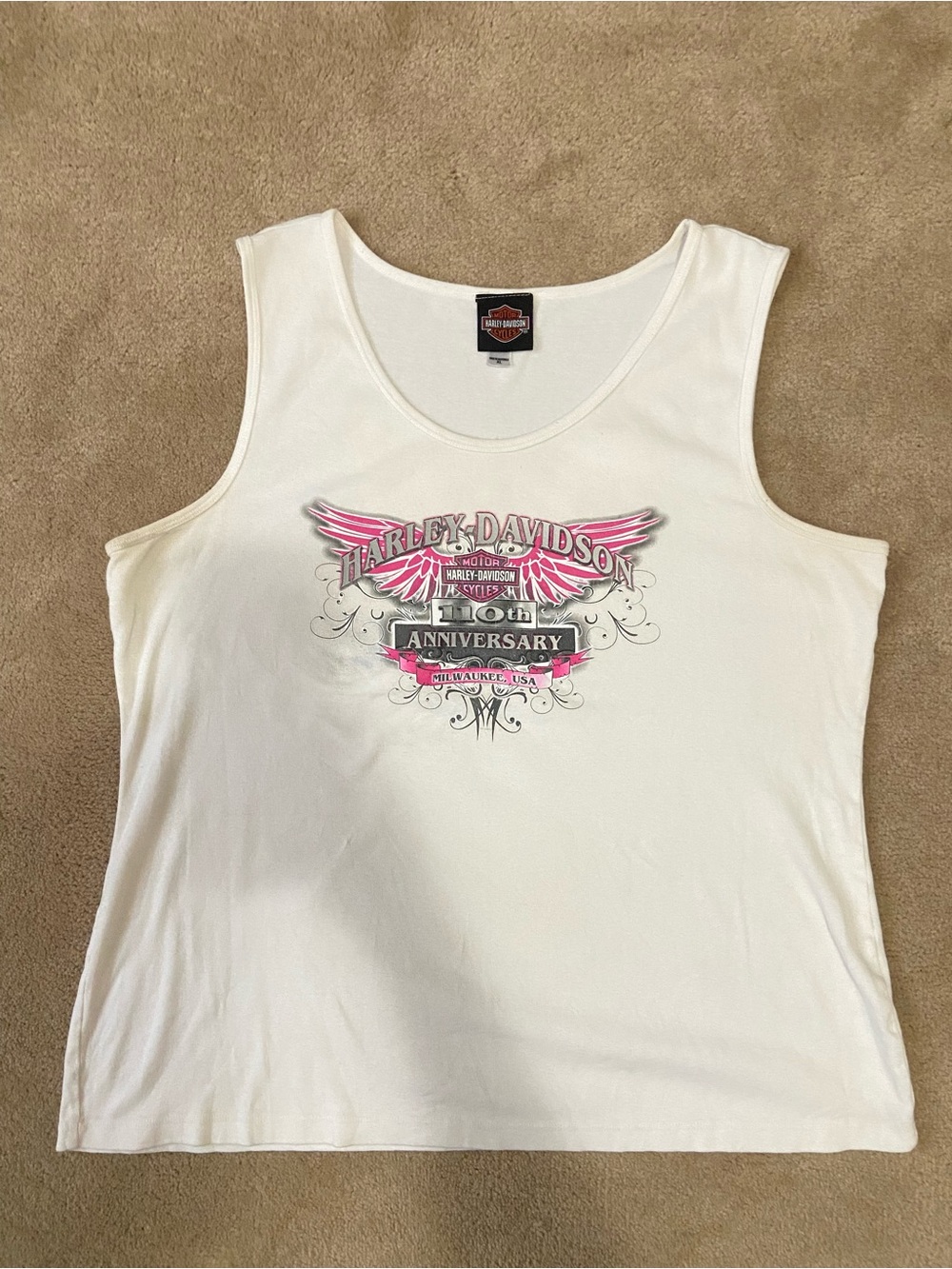 Harley-Davidson Women's White Tank with Pink and Gray 110th Anniversary Graphic